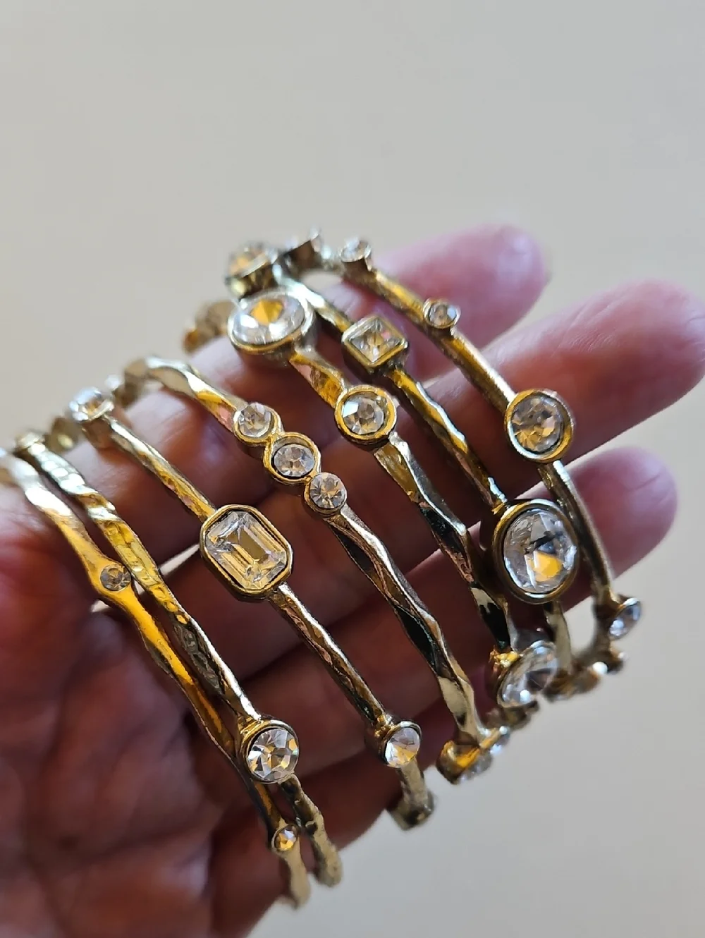 Gold-Tone Textured Hammered Bangles With Clear Rhinestones Multiple Styles. - Picture 2 of 7